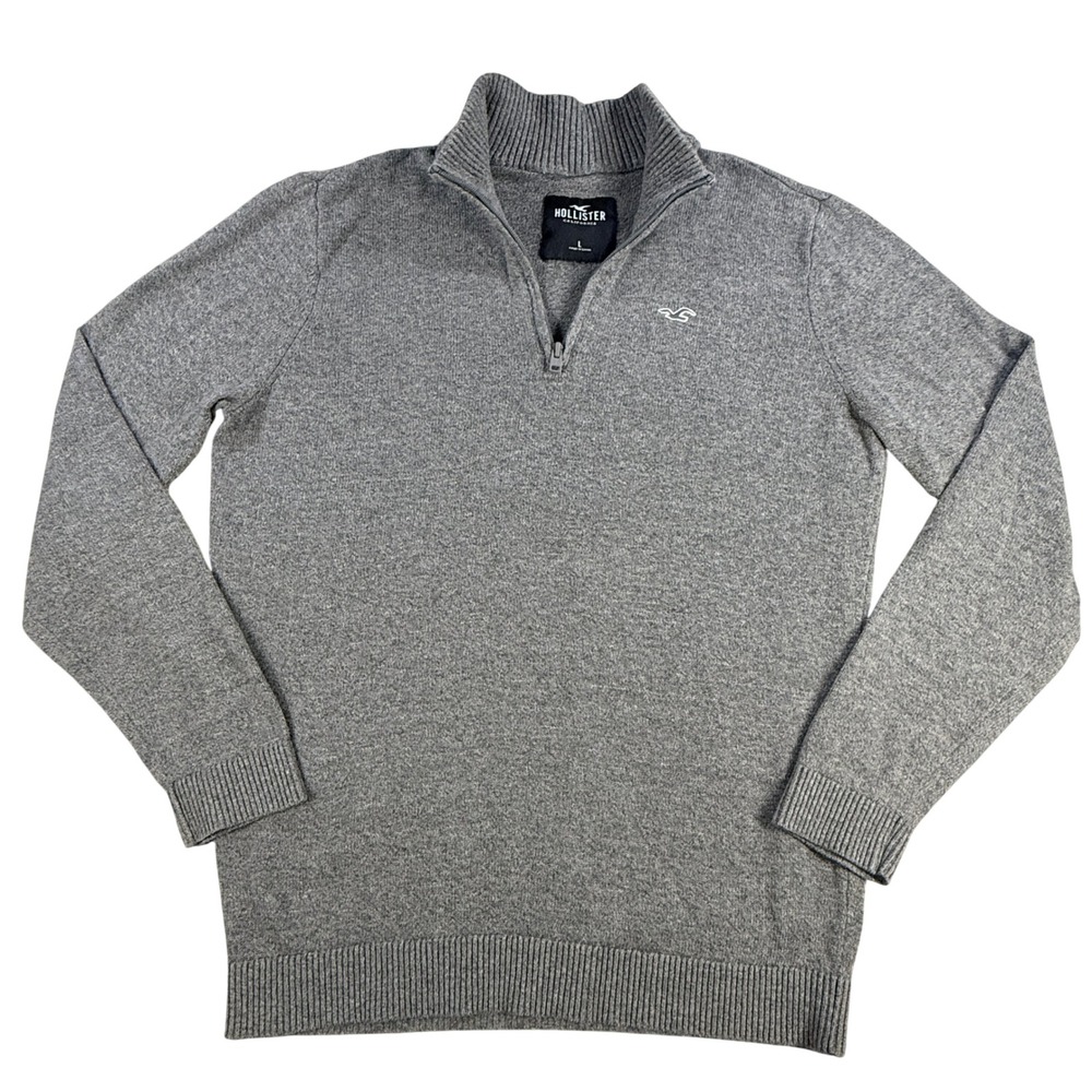 Hollister Sweater Mens Large Grey 1/4 Zip‎ Pullover Mock Neck Embroidered Logo